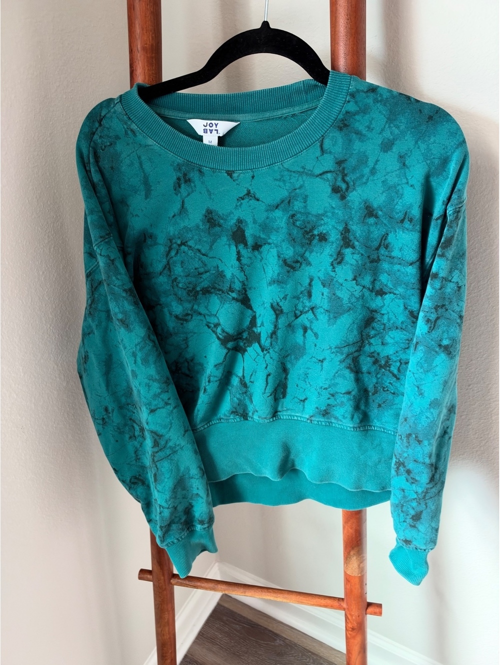JoyLab Medium Teal and Black Tie-Dye Cotton Blend Sweatshirt with Ribbed Cuffs
